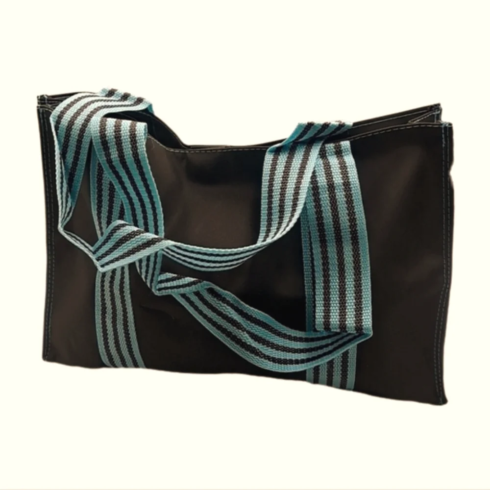 Brown Tote Bag w/ Blue Striped Handles